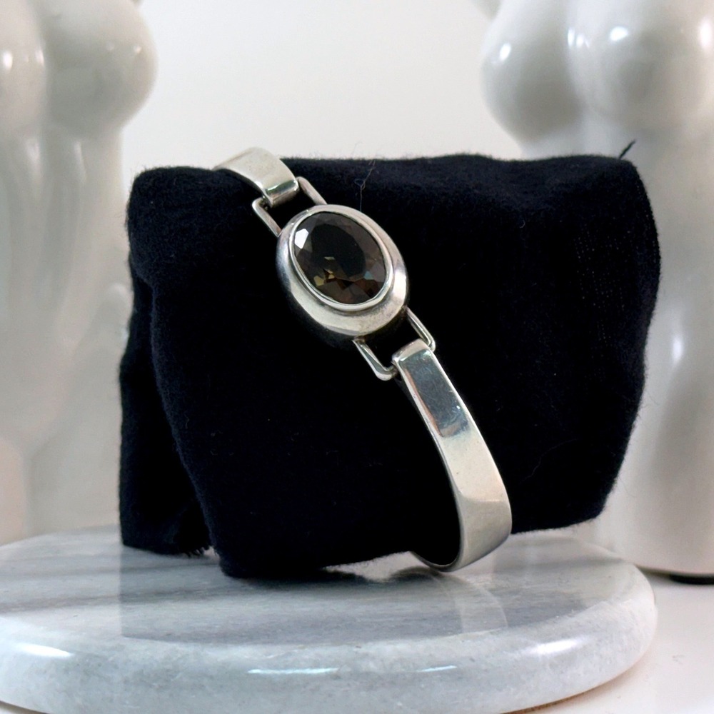 Vintage Boma 925 Sterling Silver Modernist Smoky Quartz Hinged Bangle Bracelet